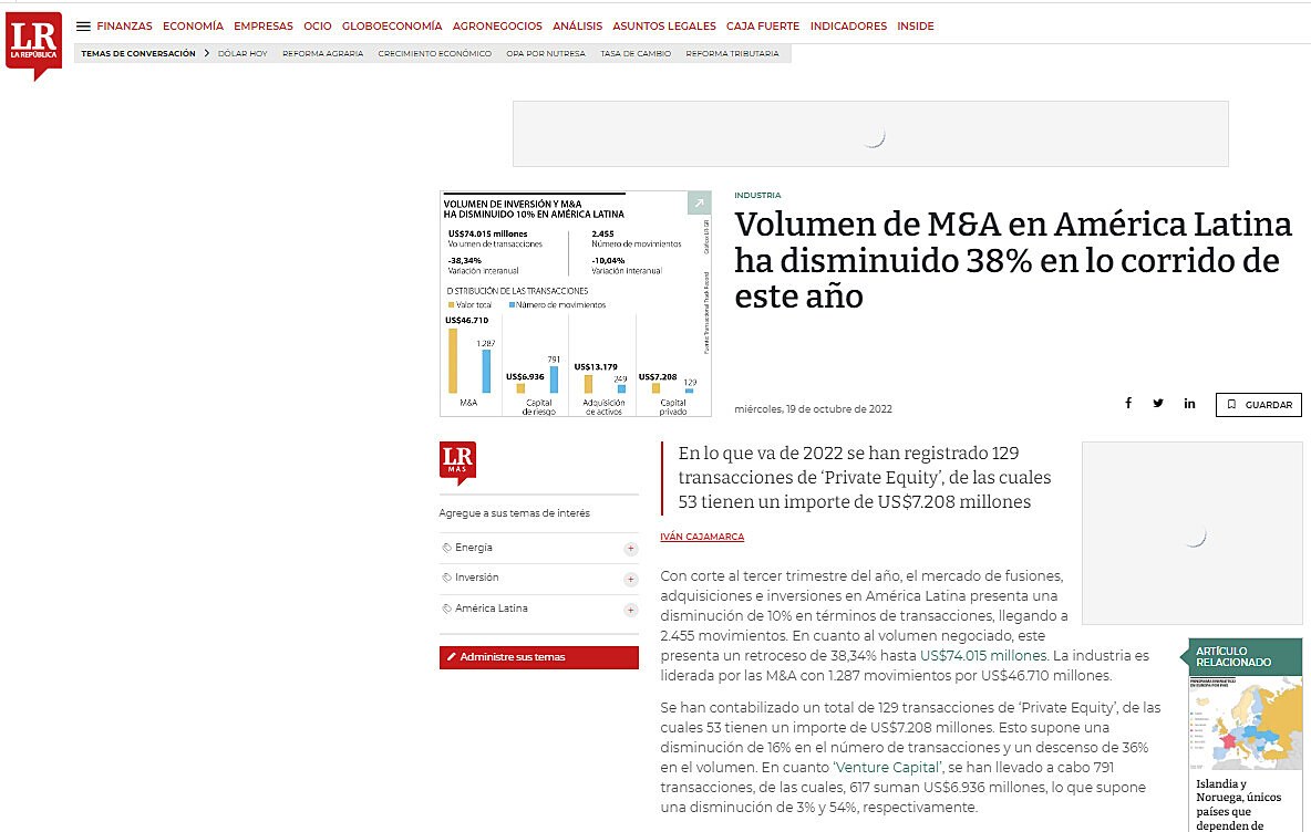 Volumen de M&A en Amrica Latina ha disminuido 38% en lo corrido de este ao